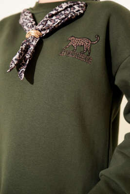 Leopar Fularlı Üç İplik Tunik Haki - Tunik