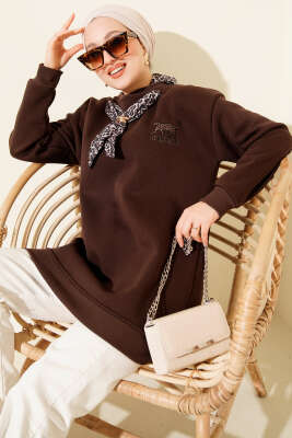 Leopar Fularlı Üç İplik Tunik Kahve - TEGOE