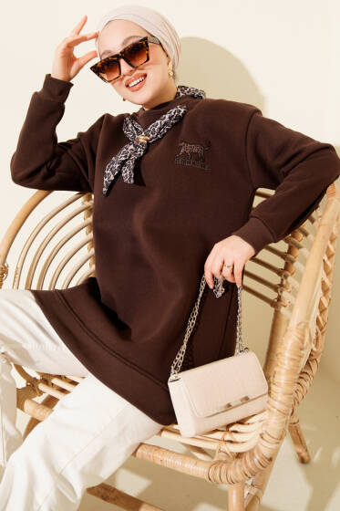 Leopar Fularlı Üç İplik Tunik Kahve - Tunik