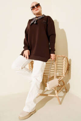 Leopar Fularlı Üç İplik Tunik Kahve - Tunik