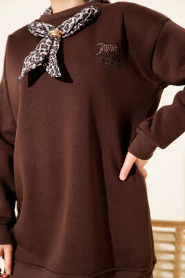 Leopar Fularlı Üç İplik Tunik Kahve - Tunik