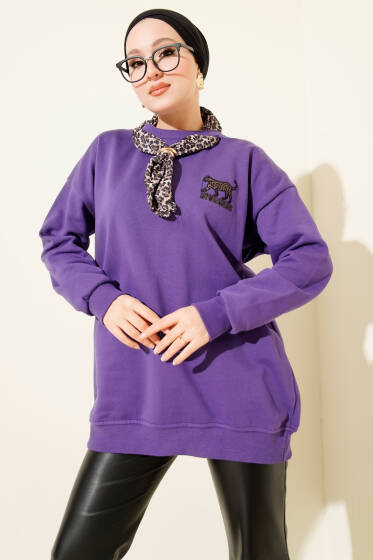 Leopar Fularlı Üç İplik Tunik Mor - Tunik
