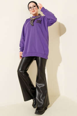 Leopar Fularlı Üç İplik Tunik Mor - Tunik