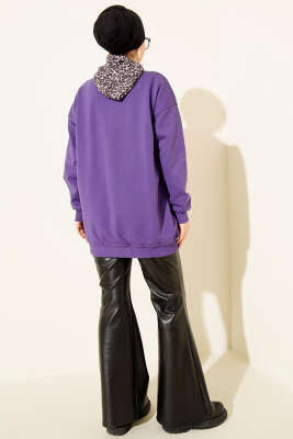 Leopar Fularlı Üç İplik Tunik Mor - Tunik