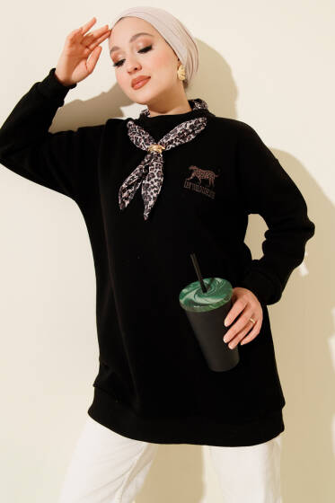 Leopar Fularlı Üç İplik Tunik Siyah - Tunik