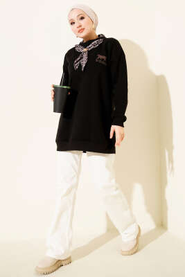 Leopar Fularlı Üç İplik Tunik Siyah - Tunik