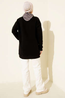 Leopar Fularlı Üç İplik Tunik Siyah - Tunik