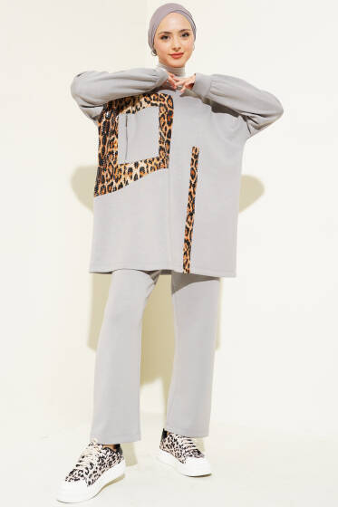 Leopar Garnili Fermuar Cepli İkili Takım Gri - İkili Takım