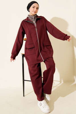 Leopar Garnili Fermuarlı Scuba İkili Takım Bordo - NESSİA