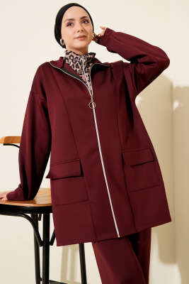 Leopar Garnili Fermuarlı Scuba İkili Takım Bordo - İkili Takım