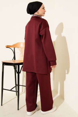 Leopar Garnili Fermuarlı Scuba İkili Takım Bordo - İkili Takım