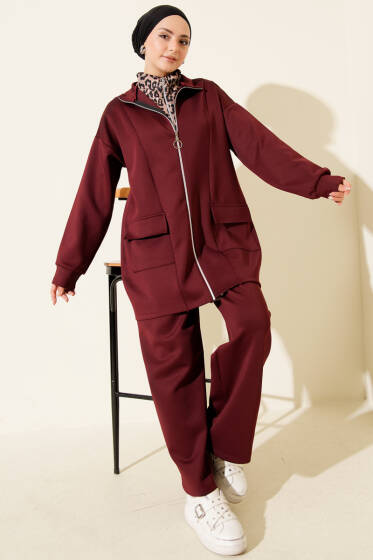 Leopar Garnili Fermuarlı Scuba İkili Takım Bordo - Scuba Ürünler