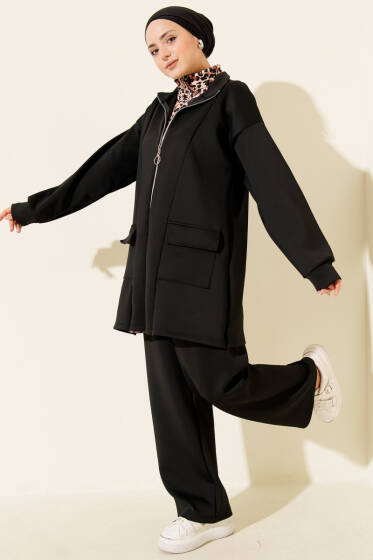 Leopar Garnili Fermuarlı Scuba İkili Takım Siyah Camel - İkili Takım