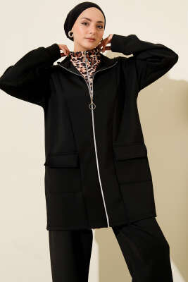 Leopar Garnili Fermuarlı Scuba İkili Takım Siyah Camel - İkili Takım