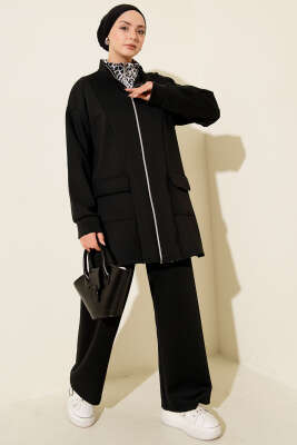 Leopar Garnili Fermuarlı Scuba İkili Takım Siyah - NESSİA