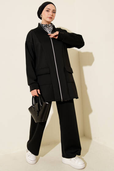 Leopar Garnili Fermuarlı Scuba İkili Takım Siyah - İkili Takım