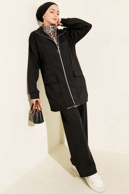 Leopar Garnili Fermuarlı Scuba İkili Takım Siyah Vizon - NESSİA