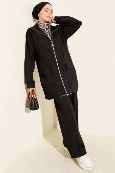 Leopar Garnili Fermuarlı Scuba İkili Takım Siyah Vizon - İkili Takım