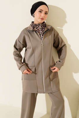 Leopar Garnili Fermuarlı Scuba İkili Takım Vizon - İkili Takım