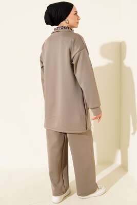 Leopar Garnili Fermuarlı Scuba İkili Takım Vizon - İkili Takım