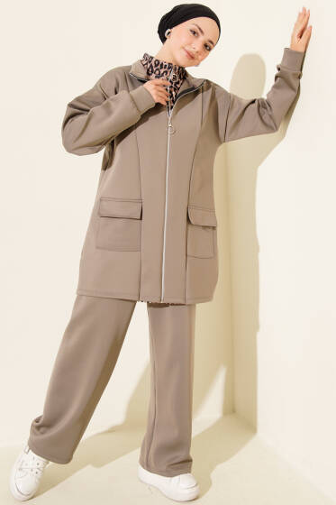 Leopar Garnili Fermuarlı Scuba İkili Takım Vizon - Scuba Ürünler