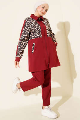 Leopar Garnili Hırkalı İkili Takım Bordo - TEGOE