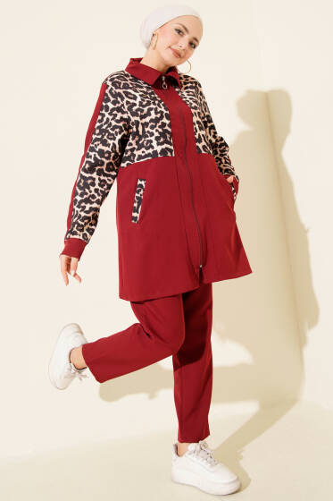 Leopar Garnili Hırkalı İkili Takım Bordo - İkili Takım