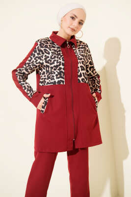 Leopar Garnili Hırkalı İkili Takım Bordo - İkili Takım