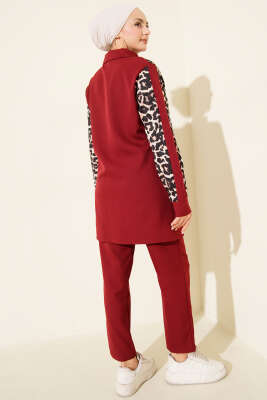 Leopar Garnili Hırkalı İkili Takım Bordo - İkili Takım