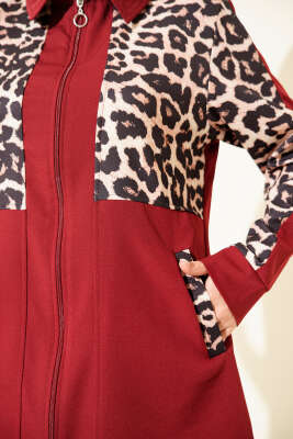 Leopar Garnili Hırkalı İkili Takım Bordo - İkili Takım