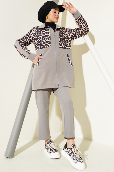 Leopar Garnili Hırkalı İkili Takım Gri - İkili Takım