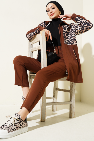 Leopar Garnili Hırkalı İkili Takım Kahve - İkili Takım