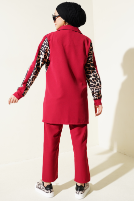 Leopar Garnili Hırkalı İkili Takım Kırmızı - İkili Takım