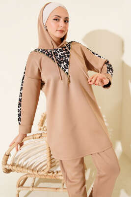 Leopar Garnili Kapşonlu İkili Takım Latte - 500-700 TL Ürünler