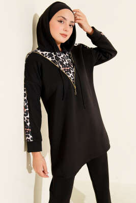 Leopar Garnili Kapşonlu İkili Takım Siyah - 500-700 TL Ürünler