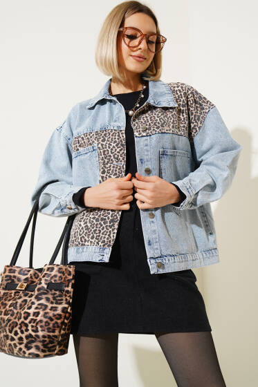 Leopar Garnili Kısa Kot Ceket Açık Kar - Spor Ceket