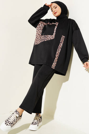 Leopar Garnili Pullu İkili Takım Siyah - İkili Takım