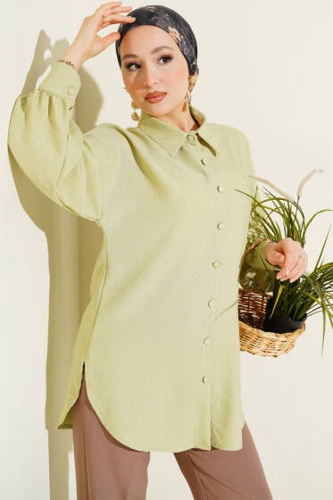 Leopar Jakar Balon Kol Gömlek Çağla Yeşili - Gömlek