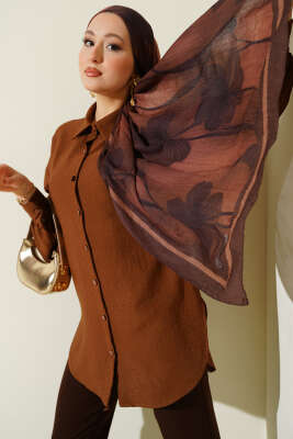 Leopar Jakar Balon Kol Gömlek Kestane - TABLO FASHİON