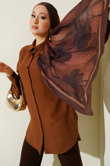 Leopar Jakar Balon Kol Gömlek Kestane - Gömlek