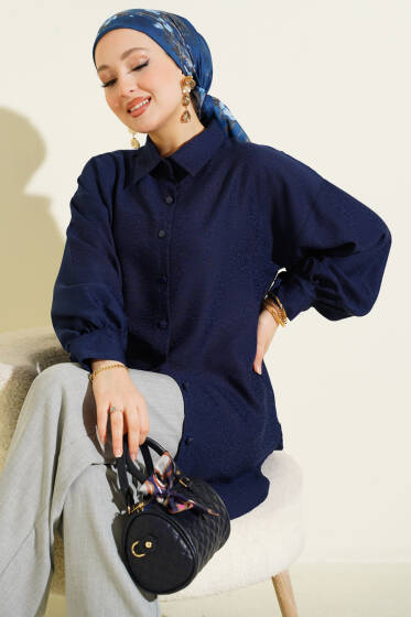 Leopar Jakar Balon Kol Gömlek Lacivert - Gömlek