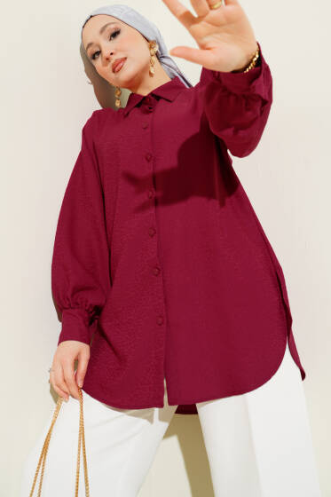 Leopar Jakar Balon Kol Gömlek Mürdüm - Gömlek