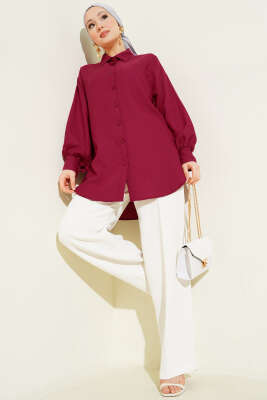 Leopar Jakar Balon Kol Gömlek Mürdüm - Gömlek