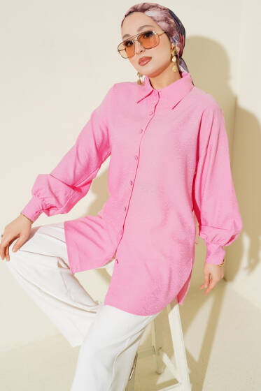 Leopar Jakar Balon Kol Gömlek Pembe - Gömlek