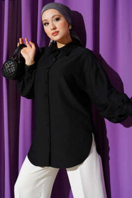 Leopar Jakar Balon Kol Gömlek Siyah - TABLO FASHİON