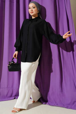 Leopar Jakar Balon Kol Gömlek Siyah - Gömlek