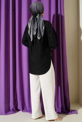 Leopar Jakar Balon Kol Gömlek Siyah - Gömlek