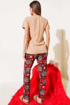 Leopar Kalpli Ekoseli Kısa Kol Pijama Takımı Camel - Kadın Pijama Takımı