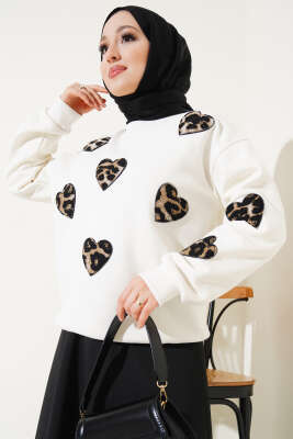 Leopar Kalpli Üç İplik Sweatshirt Ekru - Tunik
