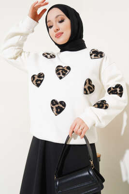 Leopar Kalpli Üç İplik Sweatshirt Ekru - Tunik